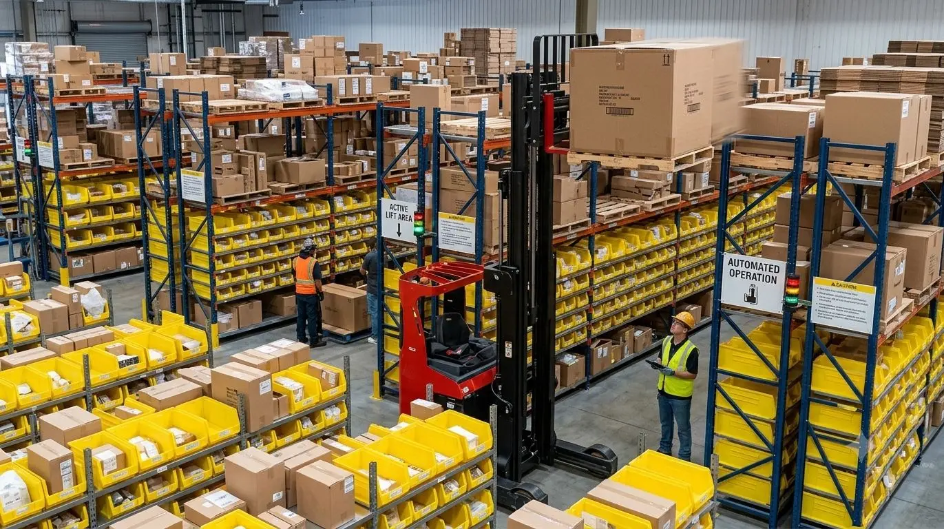 Forklift loading shipping boxes in a warehouse - Huute Travel international air cargo express and logistics from Eastleigh Nairobi